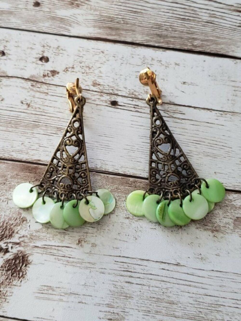 Vintage Clip On Earrings Ornate Triangular Shape Dangle with Green Circles